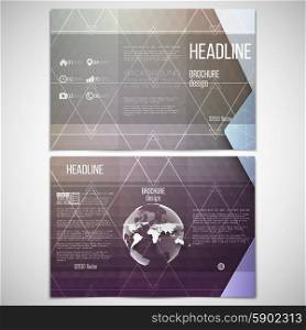 Vector set of tri-fold brochure design template on both sides with world globe element. Colorful geometric background, abstract triangle design pattern vector.