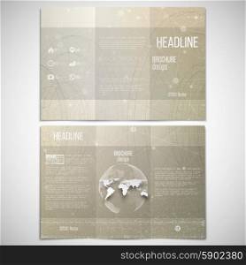 Vector set of tri-fold brochure design template on both sides with world globe element. Abstract technical retro background. Conceptual molecular vector pattern.. Vector set of tri-fold brochure design template on both sides with world globe element. Abstract technical retro background. Conceptual molecular vector pattern