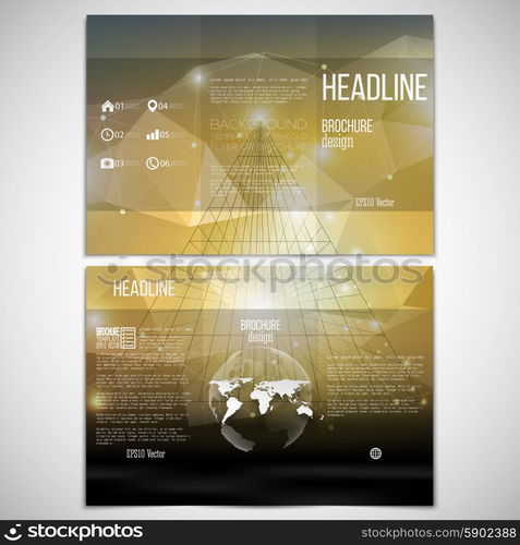 Vector set of tri-fold brochure design template on both sides with world globe element. Abstract 3D pyramid, geometric background, yellow triangle style for business or science pattern vector.