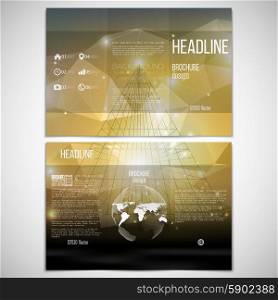 Vector set of tri-fold brochure design template on both sides with world globe element. Abstract 3D pyramid, geometric background, yellow triangle style for business or science pattern vector.
