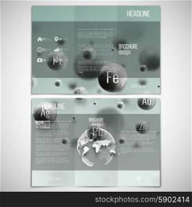 Vector set of tri-fold brochure design template on both sides with world globe element. Three dimensional glowing steel spheres, gray background. Abstract molecule metals. Scientific background.