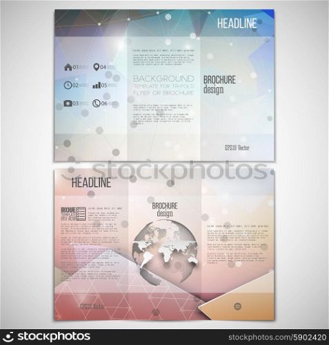 Vector set of tri-fold brochure design template on both sides with world globe element. Abstract colorful geometric background, science molecular pattern, triangle style pattern vector.