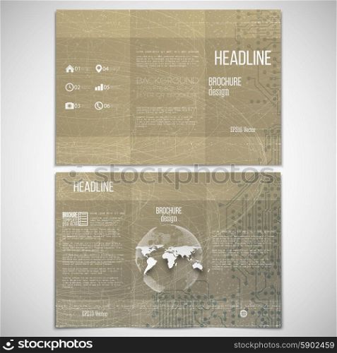 Vector set of tri-fold brochure design template on both sides with world globe element. Abstract technical retro background. Conceptual vector pattern with electrical circuits. Vector set of tri-fold brochure design template on both sides with world globe element. Abstract technical retro background. Conceptual science vector pattern