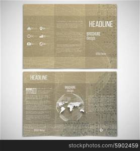 Vector set of tri-fold brochure design template on both sides with world globe element. Abstract technical retro background. Conceptual vector pattern with electrical circuits. Vector set of tri-fold brochure design template on both sides with world globe element. Abstract technical retro background. Conceptual science vector pattern