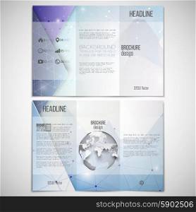 Vector set of tri-fold brochure design template on both sides with world globe element. Abstract blue geometric background, science molecular pattern, triangle style pattern vector.