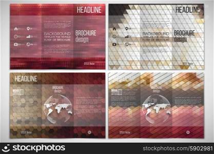 Vector set of tri-fold brochure design template on both sides with world globe element. Abstract multicolored backgrounds. Natural geometrical patterns. Triangular and hexagonal style vector illustration. Vector set of tri-fold brochure design template on both sides with world globe element. Abstract multicolored backgrounds. Natural geometrical patterns. Triangular and hexagonal style vector.
