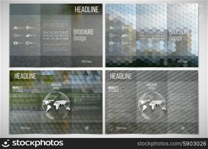 Vector set of tri-fold brochure design template on both sides with world globe element. Park landscape. Abstract multicolored backgrounds. Natural geometrical patterns. Triangular and hexagonal style. Vector set of tri-fold brochure design template on both sides with world globe element. Park landscape. Abstract multicolored backgrounds. Natural geometrical patterns. Triangular and hexagonal style.
