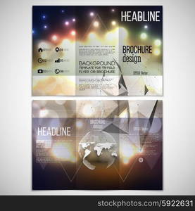 Vector set of tri-fold brochure design template on both sides with world globe element. Abstract background with bokeh lights and stars. Vector 3D pyramid. Scientific digital design, science vector