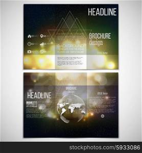 Vector set of tri-fold brochure design template on both sides with world globe element. Abstract background with bokeh lights and stars. Vector 3D pyramid. Scientific digital design, science vector