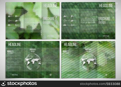 Vector set of tri-fold brochure design template on both sides with world globe element. Green leaves texture. Abstract multicolored backgrounds. Natural geometrical patterns. Triangular and hexagonal style. Vector set of tri-fold brochure design template on both sides. Green leaves texture. Abstract multicolored backgrounds. Natural geometrical patterns. Triangular and hexagonal style.