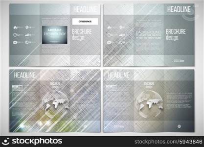 Vector set of tri-fold brochure design template on both sides with world globe element. Abstract science or technology vector background. Vector set of tri-fold brochure design template on both sides with world globe element. Abstract science or technology vector background.