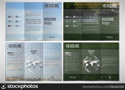 Vector set of tri-fold brochure design template on both sides with world globe element. Park landscape. Abstract multicolored backgrounds. Natural geometrical patterns. Triangular and hexagonal style. Vector set of tri-fold brochure design template on both sides with world globe element. Park landscape. Abstract multicolored backgrounds. Natural geometrical patterns. Triangular and hexagonal style.