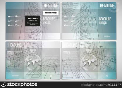 Vector set of tri-fold brochure design template on both sides with world globe element. Abstract vector background of digital technologies, cyber space.