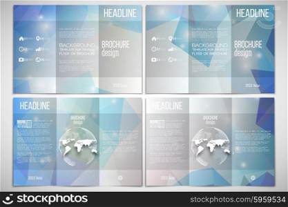 Vector set of tri-fold brochure design template on both sides with world globe element. Abstract multicolored background, digital style vector illustration.