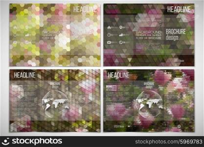 Vector set of tri-fold brochure design template on both sides with world globe element. Purple flowers. Abstract multicolored backgrounds. Natural geometrical patterns. Triangular and hexagonal style. Vector set of tri-fold brochure design template on both sides. The tree with purple flowers. Set of abstract multicolored backgrounds. Natural geometrical patterns. Triangular and hexagonal style
