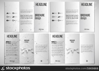 Vector set of tri-fold brochure design template on both sides with world globe element. Molecular structure design, scientific vector background.