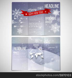 Vector set of tri-fold brochure design template on both sides with world globe element. Merry Christmas and happy New Year vector background. Vector set of tri-fold brochure design template on both sides with world globe element. Merry Christmas and happy New Year vector background.