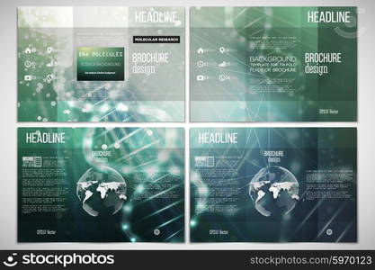 Vector set of tri-fold brochure design template on both sides with world globe element. DNA molecule structure on dark green background. Science vector background.