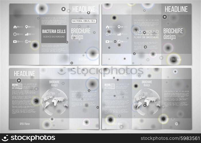 Vector set of tri-fold brochure design template on both sides with world globe element. Molecular research, illustration of cells in gray, science vector background.