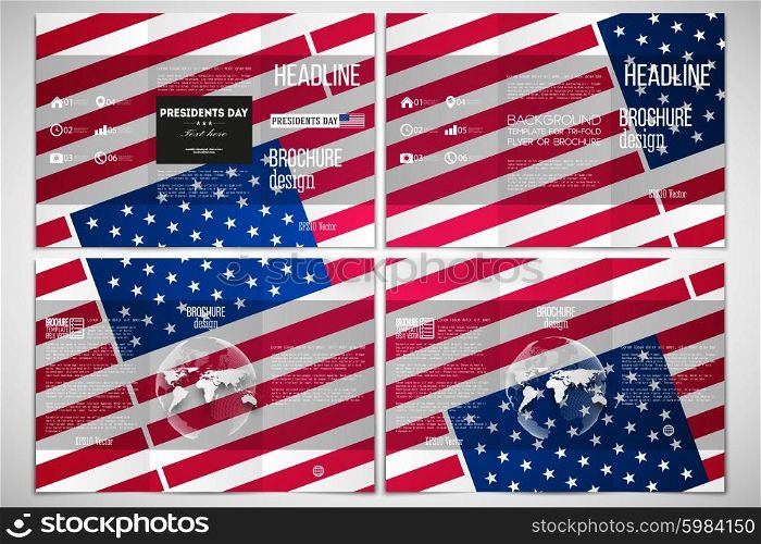Vector set of tri-fold brochure design template on both sides with world globe element. Presidents day background with american flag, abstract vector illustration.