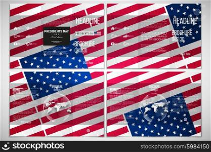 Vector set of tri-fold brochure design template on both sides with world globe element. Presidents day background with american flag, abstract vector illustration.