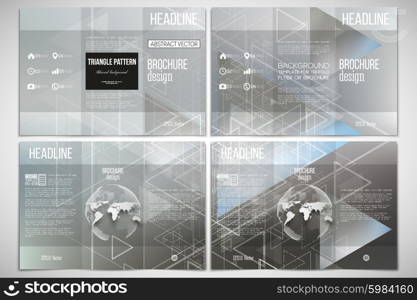 Vector set of tri-fold brochure design template on both sides with world globe element. Abstract blurred vector background with triangles, lines and dots.