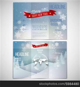 Vector set of tri-fold brochure design template on both sides with world globe element. Merry Christmas and happy New Year vector background. Vector set of tri-fold brochure design template on both sides with world globe element. Merry Christmas and happy New Year vector background.