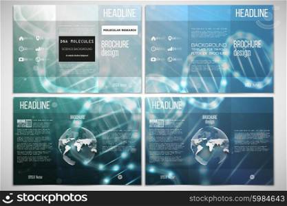 Vector set of tri-fold brochure design template on both sides with world globe element. DNA molecule structure on dark blue background. Science vector background.