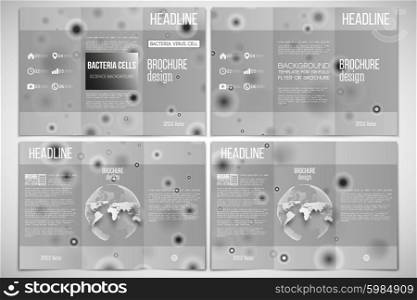 Vector set of tri-fold brochure design template on both sides with world globe element. Molecular research, illustration of cells in gray, science vector background.