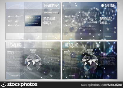 Vector set of tri-fold brochure design template on both sides with world globe element. DNA molecule structure on dark blue background. Science vector background.