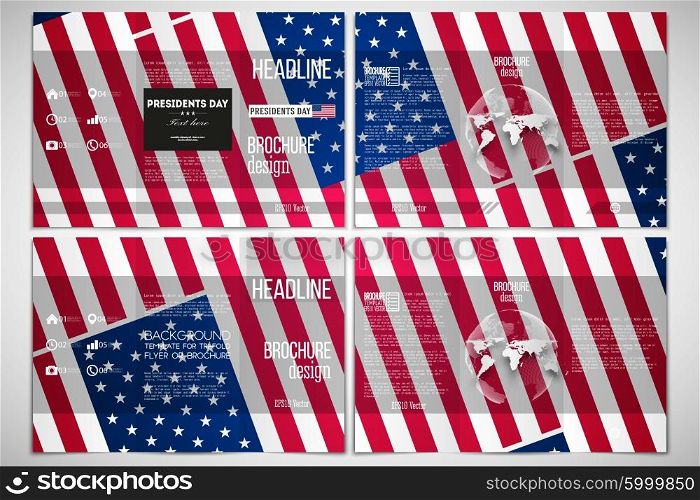 Vector set of tri-fold brochure design template on both sides with world globe element. Presidents day background with american flag, abstract vector illustration