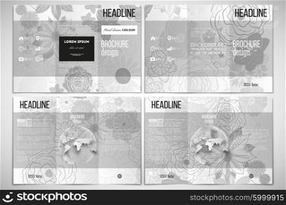 Vector set of tri-fold brochure design template on both sides with world globe element. Hand drawn floral doodle pattern, abstract vector background.