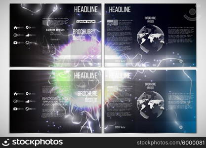 Vector set of tri-fold brochure design template on both sides with world globe element. Electric lighting effect. . Vector set of tri-fold brochure design template on both sides with world globe element. Electric lighting effect. Magic vector background with lightning.