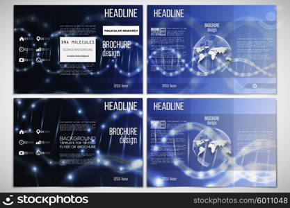 Vector set of tri-fold brochure design template on both sides with world globe element. DNA molecule structure on dark blue background. Science vector background.