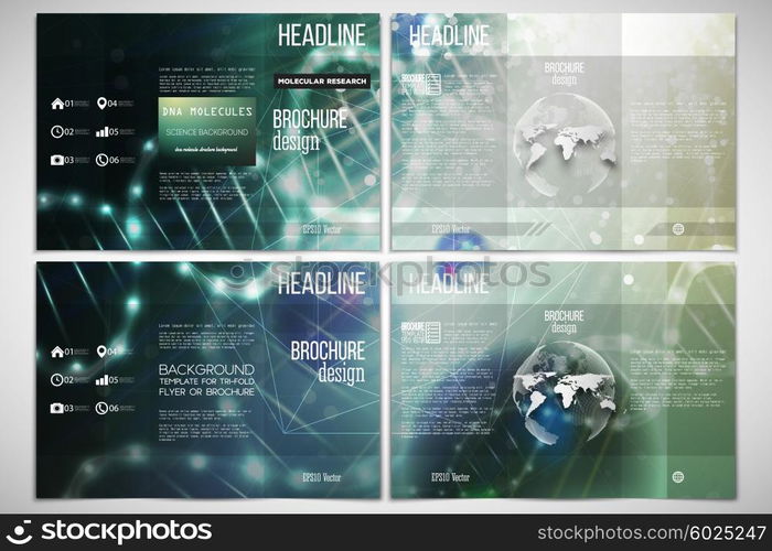 Vector set of tri-fold brochure design template on both sides with world globe element. DNA molecule structure on dark green background. Science vector background.