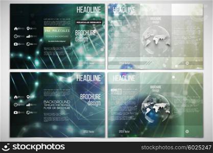 Vector set of tri-fold brochure design template on both sides with world globe element. DNA molecule structure on dark green background. Science vector background.