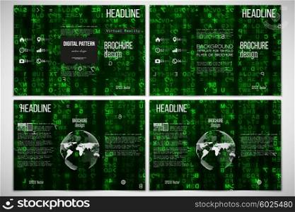 Vector set of tri-fold brochure design template on both sides with world globe element. Virtual reality, abstract technology background with green symbols, vector illustration.