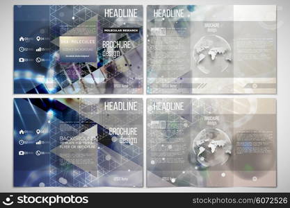 Vector set of tri-fold brochure design template on both sides with world globe element. DNA molecule structure on a blue background. Science vector background.