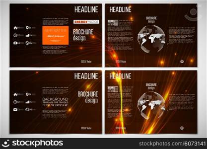 Vector set of tri-fold brochure design template on both sides with world globe element. Abstract lines background, dynamic glowing decoration, motion design, energy style vector illustration