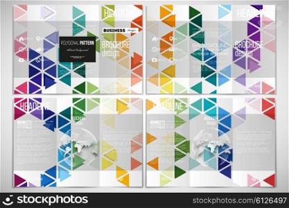 Vector set of tri-fold brochure design template on both sides with world globe element. Abstract colorful business background, modern stylish hexagonal and triangle vector texture.