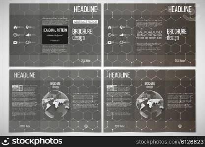 Vector set of tri-fold brochure design template on both sides with world globe element. Chemistry pattern, hexagonal design vector illustration