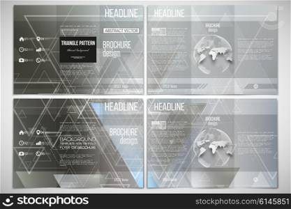 Vector set of tri-fold brochure design template on both sides with world globe element. Abstract blurred vector background with triangles, lines and dots.
