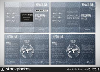 Vector set of tri-fold brochure design template on both sides with world globe element. Abstract floral business background, modern stylish vector texture.