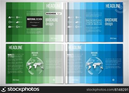 Vector set of tri-fold brochure design template on both sides with world globe element. Abstract colorful business background, blue and green colors, modern stylish striped vector texture for your cover design.