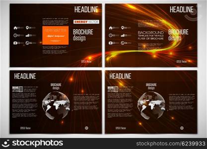 Vector set of tri-fold brochure design template on both sides with world globe element. Abstract lines background, dynamic glowing decoration, motion design, energy style vector illustration