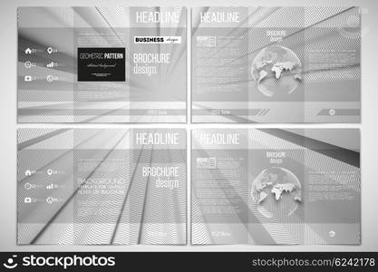 Vector set of tri-fold brochure design template on both sides with world globe element. Abstract lines background, simple abstract monochrome texture.