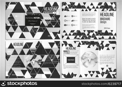 Vector set of tri-fold brochure design template. Triangular pattern. Abstract black triangles on white background. Vector set of tri-fold brochure design template on both sides with world globe element. Triangular vector pattern. Abstract black triangles on white background