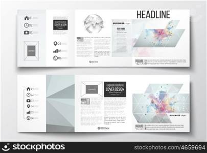 Vector set of tri-fold brochures, square design templates. Molecular construction with connected lines and dots, scientific pattern on abstract colorful polygonal background, triangle vector texture.