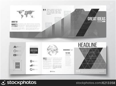 Vector set of tri-fold brochures, square design templates. Microchip background, electrical circuits, construction with connected lines, scientific or digital design pattern on gray background.
