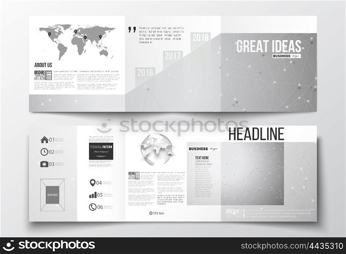 Vector set of tri-fold brochures, square design templates with element of world map and globe. Molecular construction with connected lines and dots, scientific or digital design pattern on gray background.